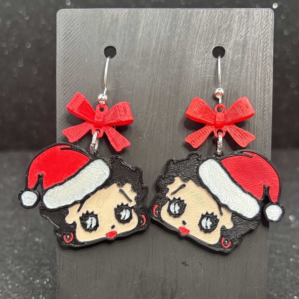 Betty Boop Christmas Earrings with Red Bow & Silver Accents